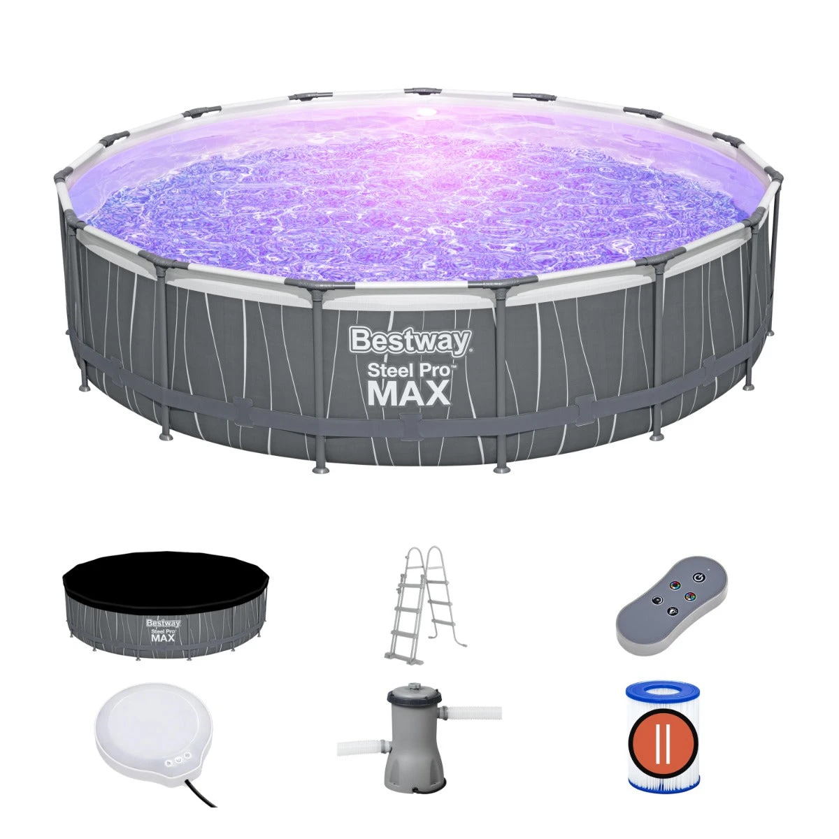 Bestway 15ft X 42in Dark Grey LED Round Steel Pro Max Above Ground Pool Set 3 Bestway 15ft X 42in Dark Grey LED Round Steel Pro Max Above Ground Pool Set