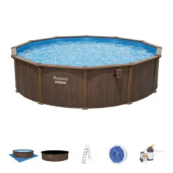 Bestway 18ft X 52in Wood Print Round Hydrium Steel Above Ground Pool Set