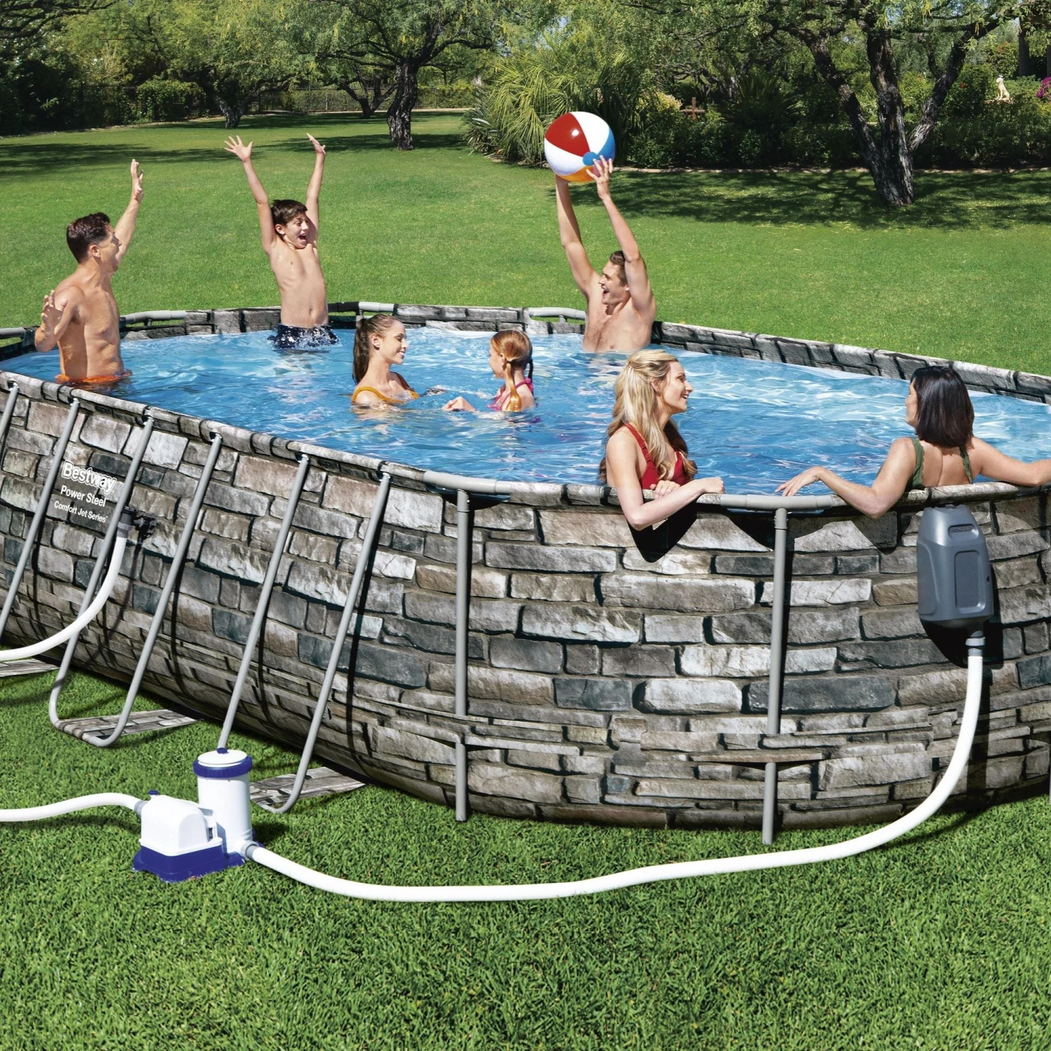 Bestway 20ft X 48in Stone Print Oval Power Steel Comfort Jet Above Ground Pool Set 4 Bestway 20ft X 48in Stone Print Oval Power Steel Comfort Jet Above Ground Pool Set - Image 2