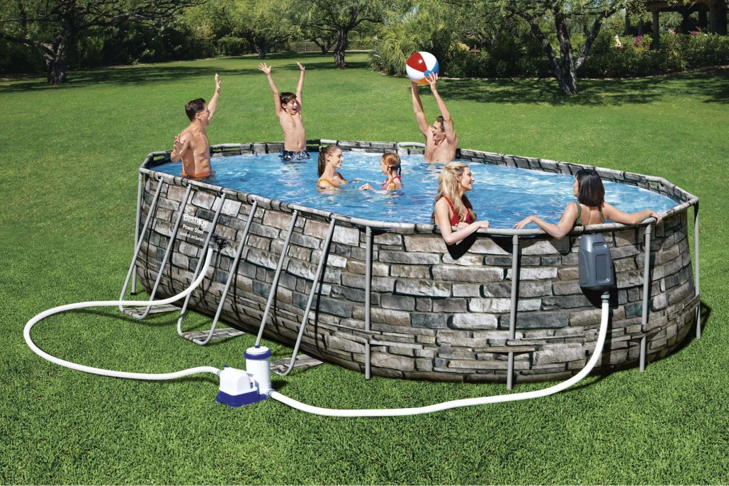 Bestway 20ft X 48in Stone Print Oval Power Steel Comfort Jet Above Ground Pool Set 6 Bestway 20ft X 48in Stone Print Oval Power Steel Comfort Jet Above Ground Pool Set - Image 4