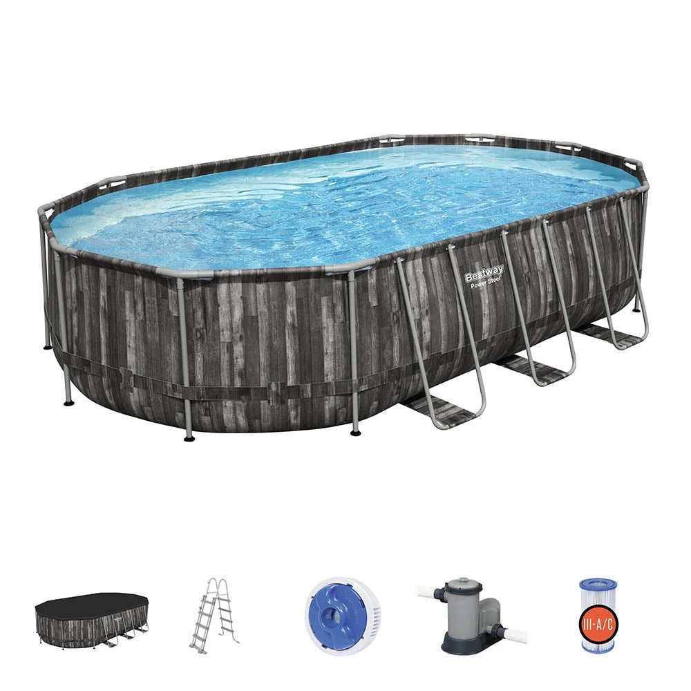 Bestway 20ft X 48in Wood Print Oval Power Steel Above Ground Pool Set 3 Bestway 20ft X 48in Wood Print Oval Power Steel Above Ground Pool Set