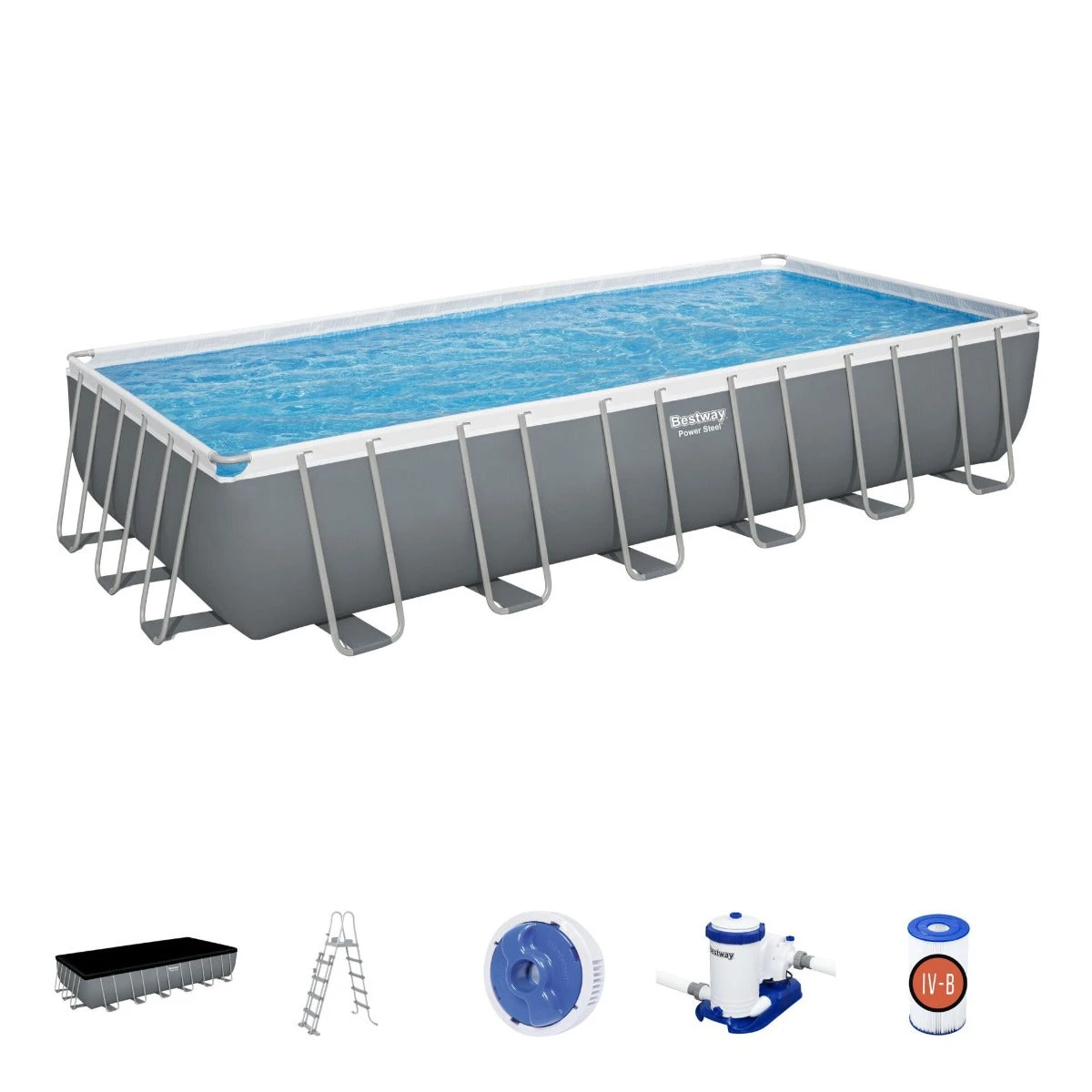 Bestway 24ft X 12ft X 52in Dark Grey Rectangle Power Steel Above Ground Pool Set 3 Bestway 24ft X 12ft X 52in Dark Grey Rectangle Power Steel Above Ground Pool Set