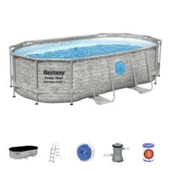 Bestway 14ft X 39.5in Stone Print Oval Power Steel Swim Vista Above Ground Pool Set