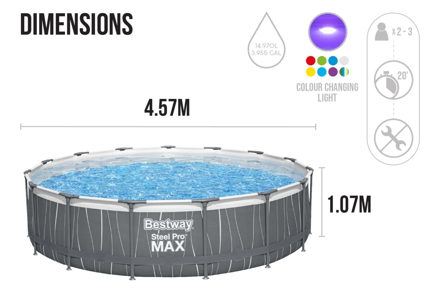 Bestway 15ft X 42in Dark Grey LED Round Steel Pro Max Above Ground Pool Set 11 Bestway 15ft X 42in Dark Grey LED Round Steel Pro Max Above Ground Pool Set - Image 9