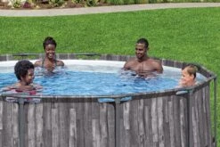Bestway 12ft X 39.5in Wood Print Round Steel Pro Max Above Ground Pool Set -Bestway Sale people inside the swimming pool 12ft bestway pool